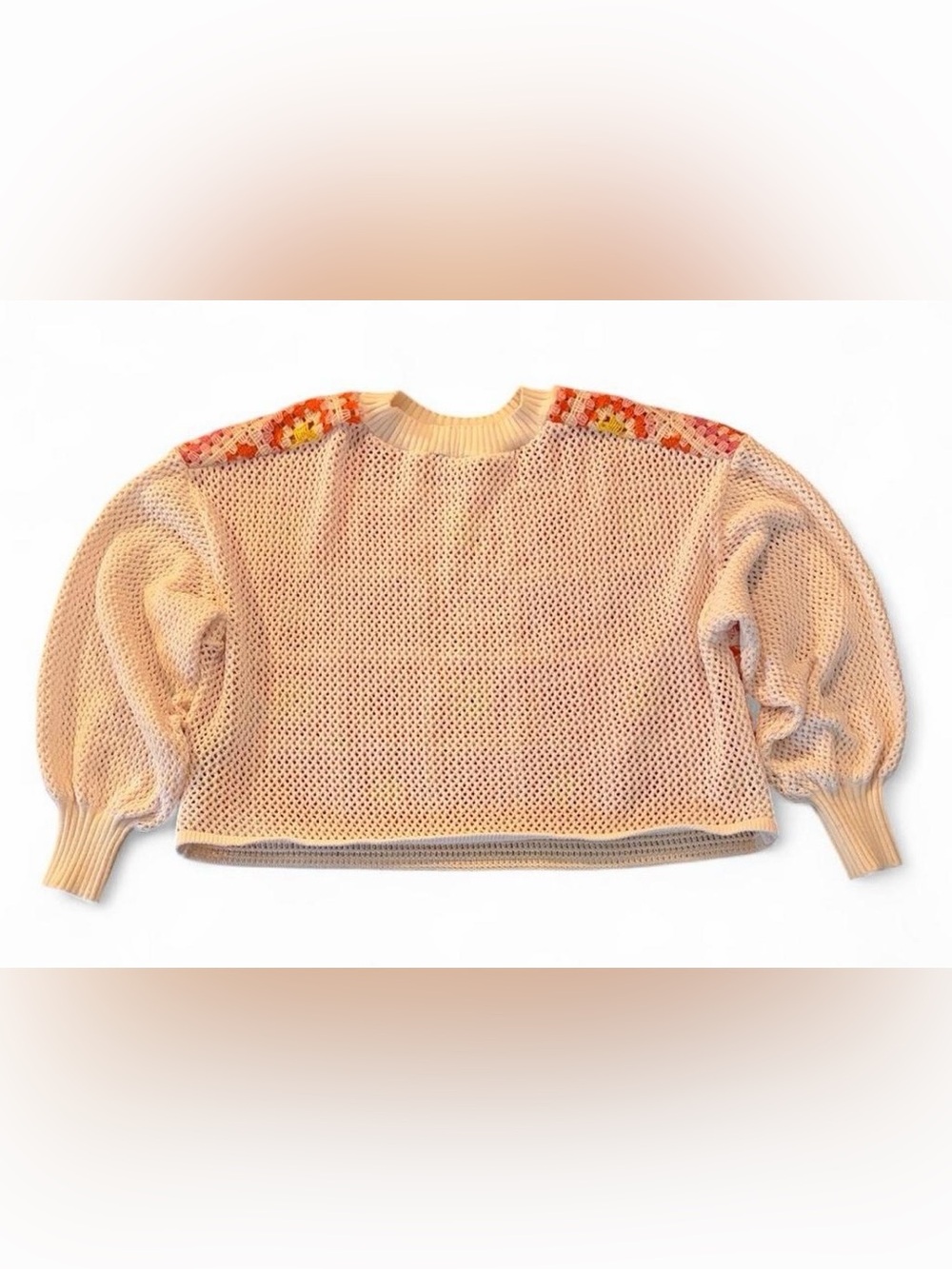 Zara womens Lg chenille crocheted pink, orange, + yellow granny square sweater - Picture 6 of 7